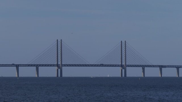 Long shot of Oresund Bridge connecting Denmark and Sweden