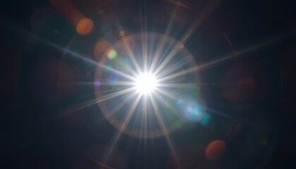 Naklejka premium Lens flare radiates intense beams of white light surrounded by colorful bokeh and circular artifacts.