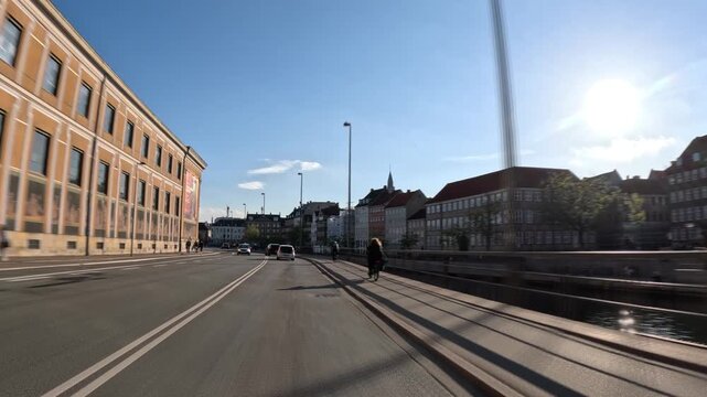 Driving perspective view along a city street in Copenhagen, Denmark