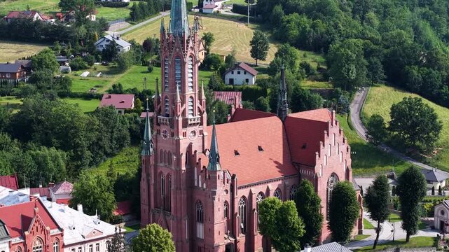 Drone shot of Minor Basilica of Saint Catherine of Alexandria in Grybow, Poland