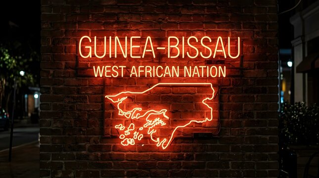 Bright orange neon sign displaying the name Guinea Bissau and its geographic map outline mounted on a rustic textured dark brown brick wall at night time