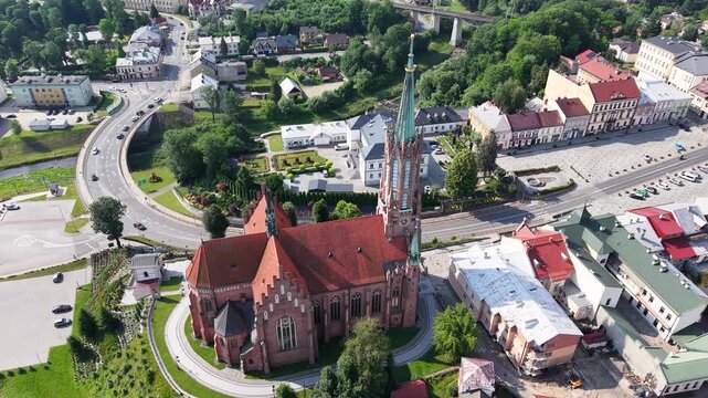 Aerial view of Minor Basilica of Saint Catherine of Alexandria in Grybow, Poland