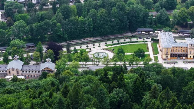 Aerial view of deptak (promenade) in Krynica Zdroj spa town, Poland