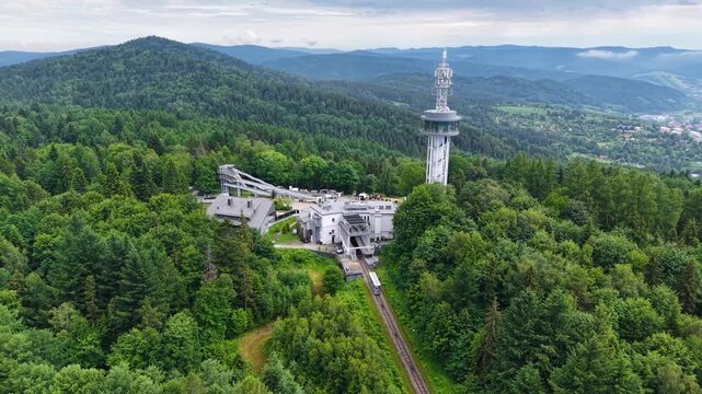 Drone shot of Parkowa Mountain funicular railway station in Krynica Zdroj