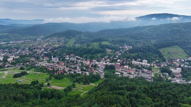Flight over Krynica Zdroj spa town, Poland