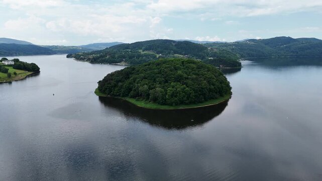 Drone shot of Grodzisko (Monkey Island) on Lake Roznow, Poland