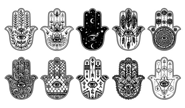 Decorative Hamsa Hand Vector Set with Lotus Celestial Feather Mandala and Geometric Pattern Illustration Collection