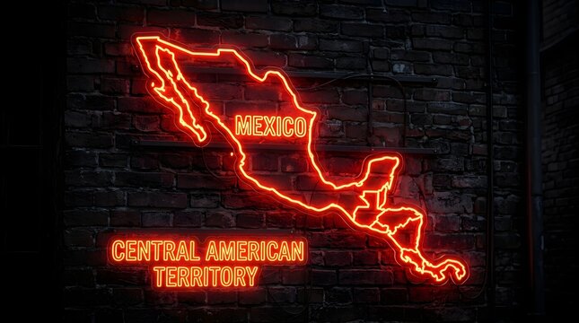 Bright orange neon map of mexico and central american territory glowing against a dark rustic brick wall creating a vibrant visual display for modern travel decor