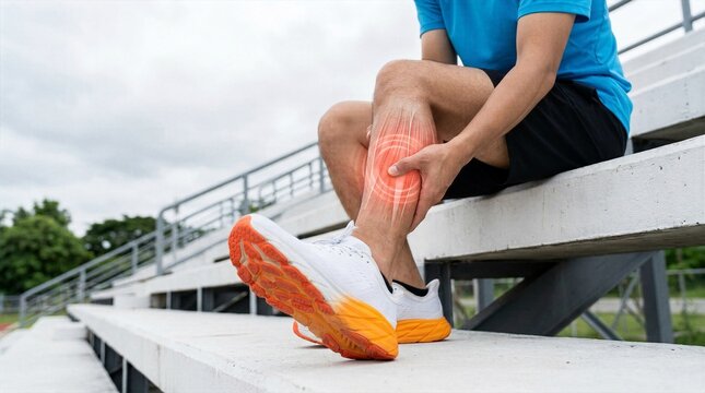 Male athlete sitting on stadium bleachers clutching injured calf muscle with glowing red concentric circles indicating pain