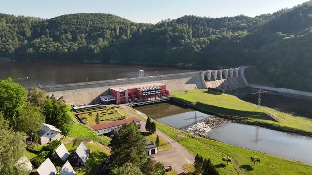 Flight over Roznow Dam and Hydroelectric Power Station at Roznow lake, Poland