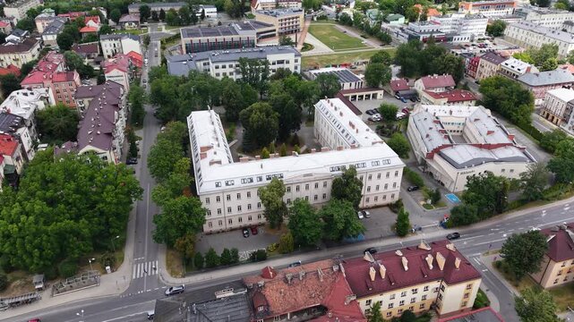 Drone shot of Tarnow Academy (Akademia Tarnowska) building, Poland
