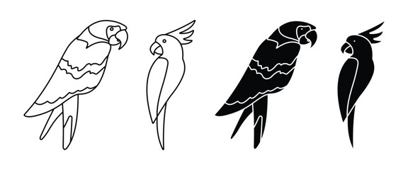 Parrot Vector Icon Set, Tropical Parrot and Cockatoo Outline and Silhouette Collection for Exotic Bird, Wildlife and Nature Design Isolated on White Background © Firoz Art Studio99
