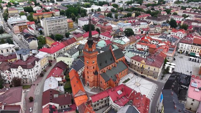 Aerial view of Cathedral and old town square buildings in Tarnow city, Poland