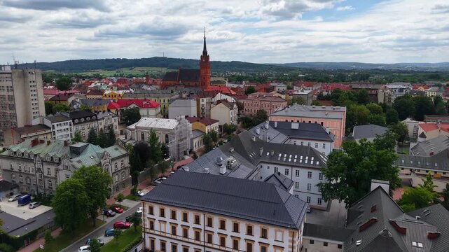 Aerial view of Tarnow city skyline with historic Cathedral tower, Poland