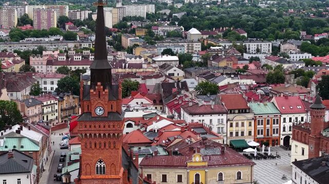 Drone shot of Cathedral tower and old town in Tarnow city, Poland