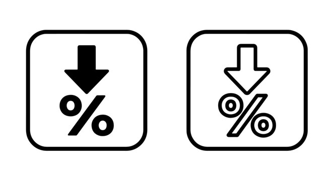 Percentage decrease symbol with downward arrow in square, percentage