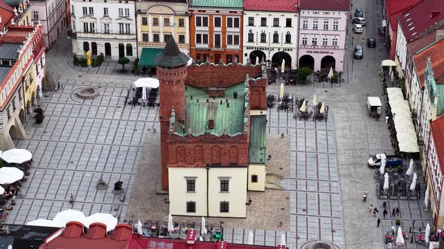 Close up drone shot of Rynek (Old Town Square) and Town Hall in Tarnow, Poland