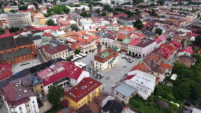 Aerial view of Rynek old town square and Town Hall in Tarnow city, Poland