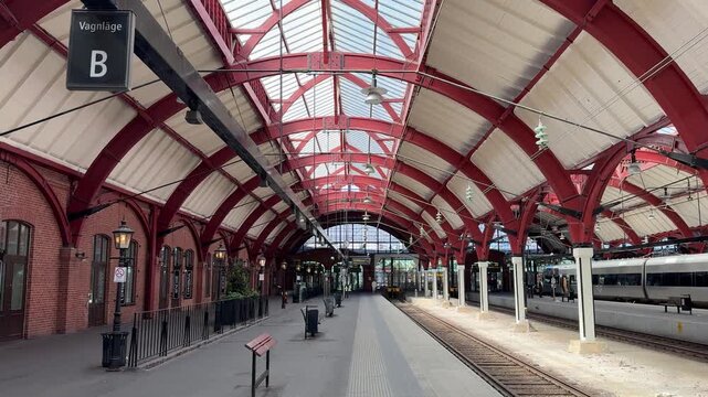Indoor view of platform and tracks at Malmo Central Station, Sweden