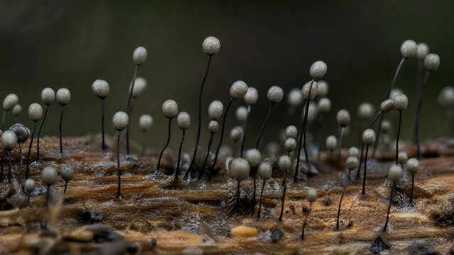 Extreme macro of tiny stalked slime mould sporangia on deadwood