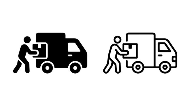 Delivery worker loading cardboard package into truck icon set with delivery