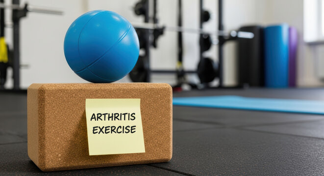 Arthritis exercise concept with blue ball on cork block in gym for joint pain relief and healthy lifestyle motivation to stay active and strong