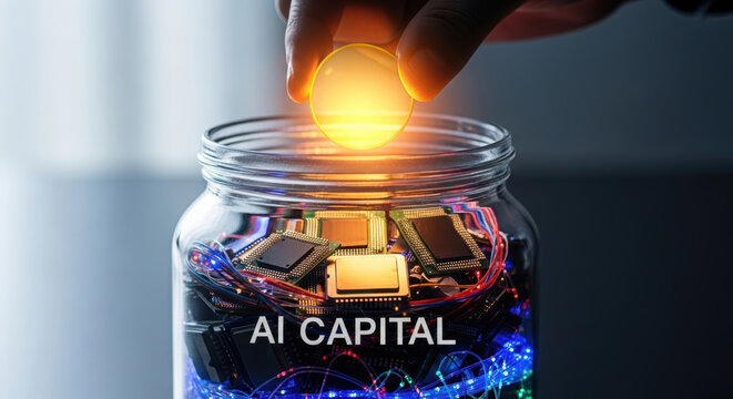 Generative ai investments in glass jar with glowing coin and circuit board concept of finance and technology