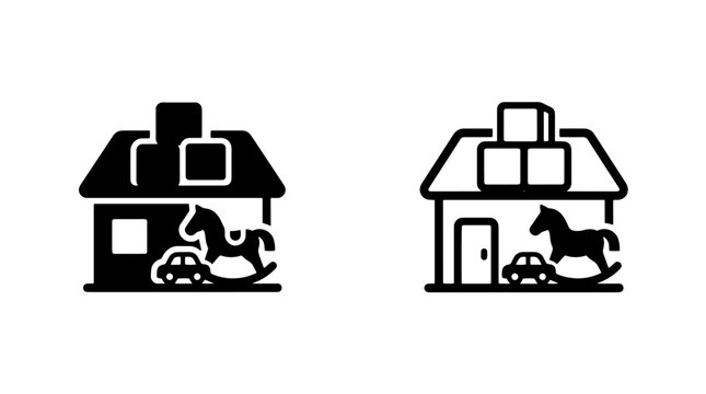 Children toy shop icon with rocking horse and building, children