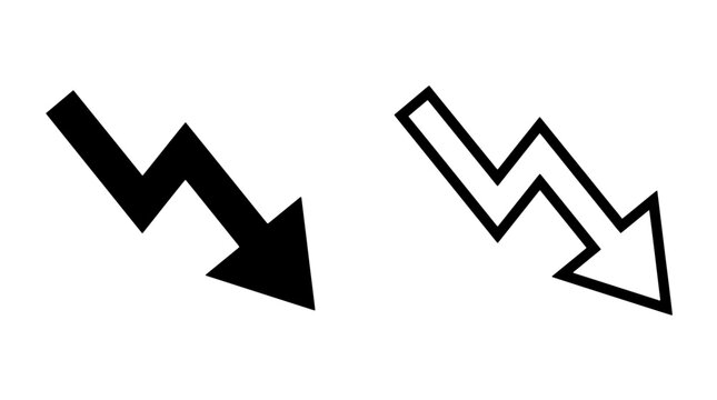 Zigzag downward trend arrow icons in solid and outline style with downward