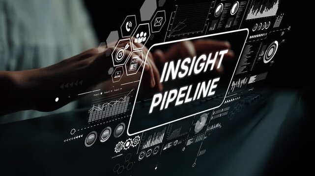 Futuristic Data Visualization with Hands Interacting with Insight Pipeline Technology Concept. Asymptotic smart data analytic.