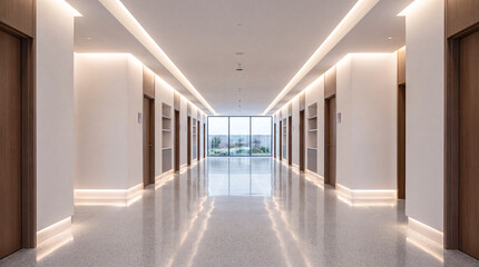 Symmetrical Modern Hallway with Window and Recessed Lighting © Lan