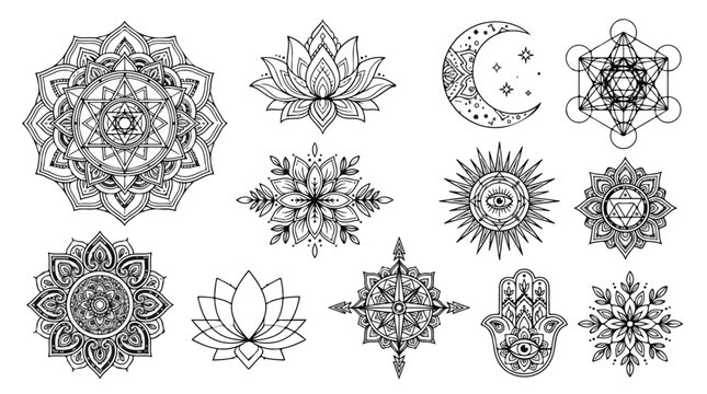 Sacred geometry mandala collection, spiritual boho line art symbols set, mystical lotus and hamsa hand vector illustrations for yoga and meditation