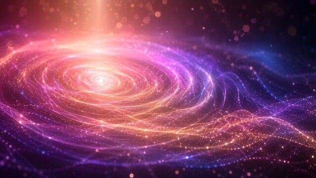 Sparkling abstract data cyclone swirl in cosmic space. Luminous pink and purple fiber lines, energy vortex, galaxy particles, and bright light flare.