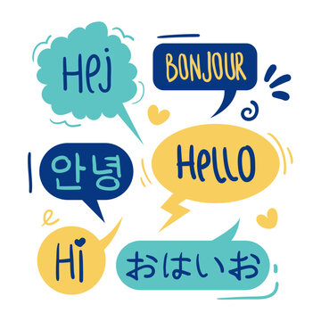 Multilingual Hello and Welcome Speech Bubbles Vector Illustration