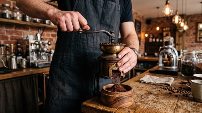 Artisanal Coffee Preparation: A barista expertly grinds fresh coffee beans with a vintage hand grinder, creating rich aroma and flavor in a cozy cafe setting.