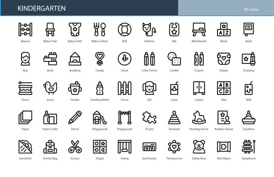 Kindergarten Kids Education Play Learn Icon Set