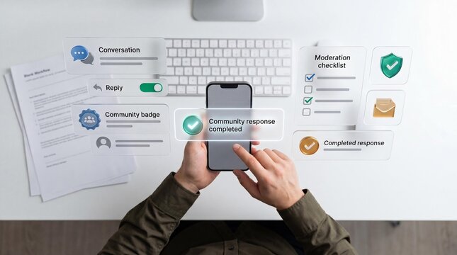 Mobile app moderation interface with user checklist with smartphone with smartphone
