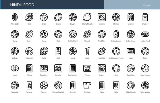 Hindu Food Indian Cuisine Vegetarian Spice Icon Set