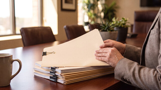 Professional woman organizing files at a conference table