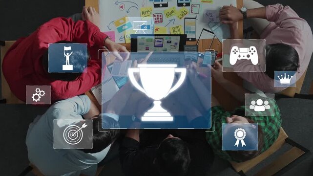 A dynamic team engages in creative strategy development while celebrating achievements, highlighted by a trophy icon and gaming elements, showcasing collaboration and innovation. Raster