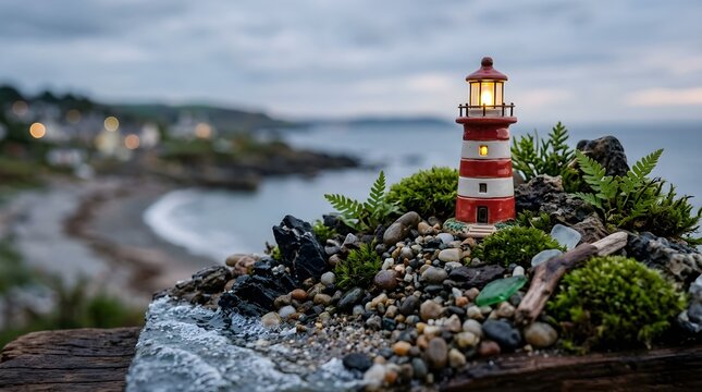 Charming miniature lighthouse replica illuminates coastal shoreline on rocky outcrop surrounded by lush green foliage and pebbles near tranquil ocean waters at twilight with distant village