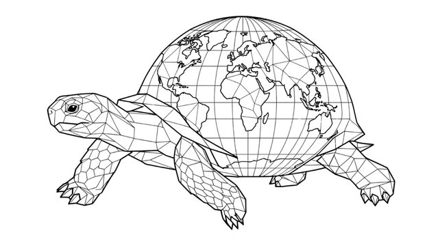 A stylized illustration of a turtle with the Earth superimposed on its shell, symbolizing the slow pace of global progress.