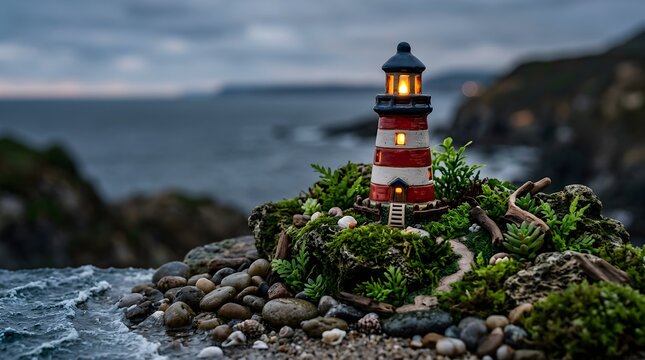 Captivating miniature seaside beacon stands tall on a rocky outcrop casting a warm glow over the choppy ocean waves and misty coastline under a dramatic evening sky evoking maritime adventure