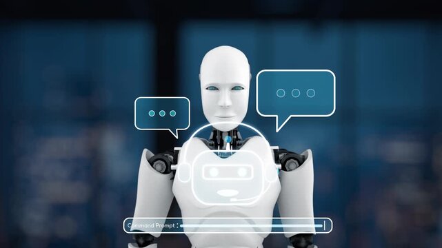 A humanoid robot assistant engages with users through chat bubbles, showcasing advanced technology and innovation in digital communication within a modern environment. Synapse