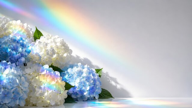 Hydrangeas with Rainbow Prism Light and Copy Space