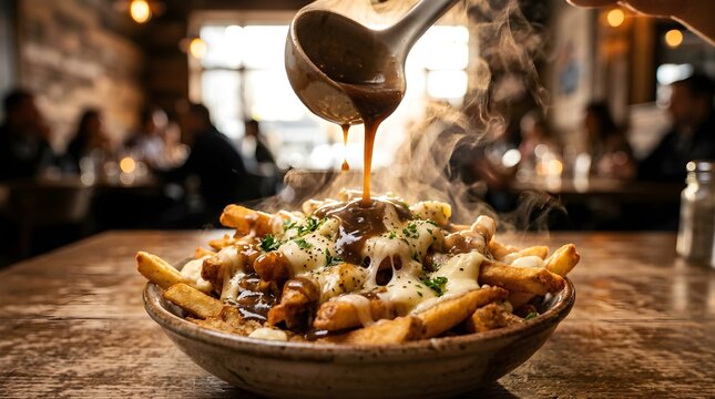 Hot brown gravy being poured over poutine fries in a restaurant setting