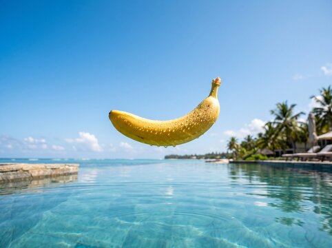 Fresh yellow banana with water droplets levitating over a luxury tropical swimming pool