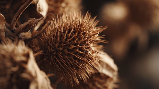 Dried burdock burr hooked spines close up