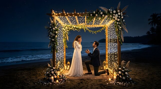 Man proposing to woman under floral arch on tropical beach at night
