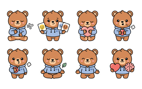 Cute Kawaii Bear Mental Health and Emotion Regulation Self Care Cartoon Vector Set